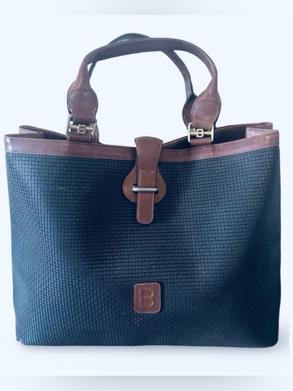 Bally Bag Embossed "B" Canvas Leather Black/Brown Made in Italy